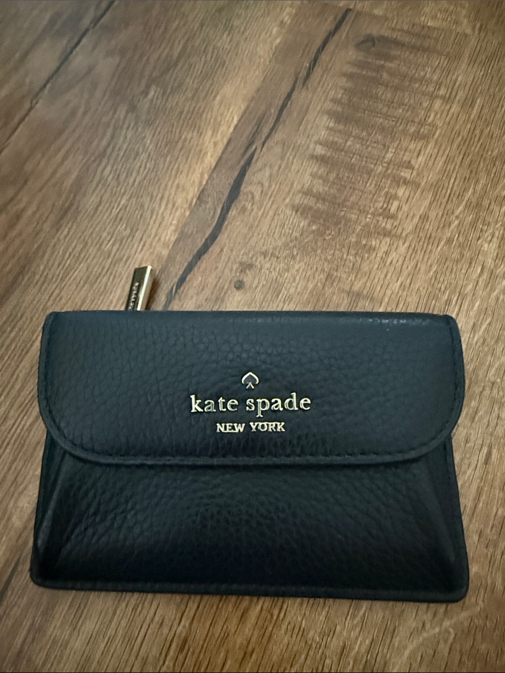 kate spade Black Pebbled Leather Card Wallet with Gold Logo